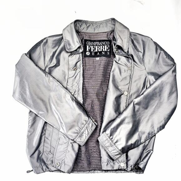 Vintage Ferre Jeans Metallic Silver Jacket Chrome Y2K Futuristic Tech Streetwear - Picture 1 of 16